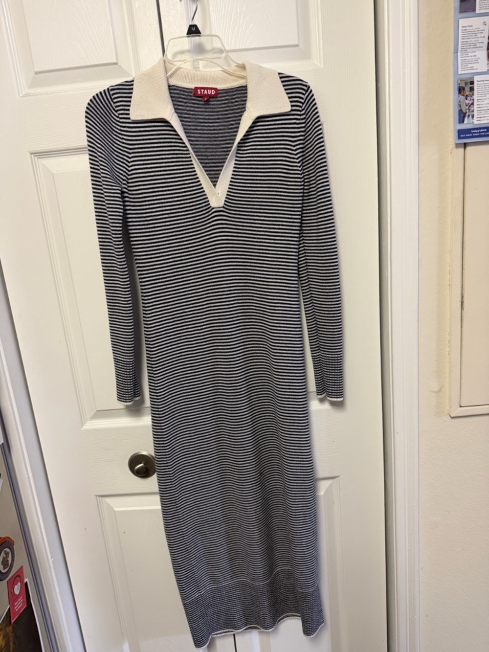 STAUD Black & White Striped Long-Sleeve Collared Knit Dress